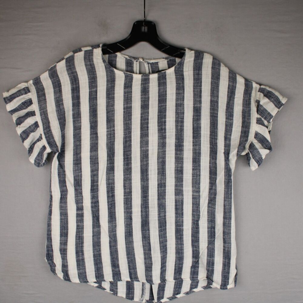Whispers New York Women's Size L Linen Striped Blouse Blue White Ruffle Sleeve